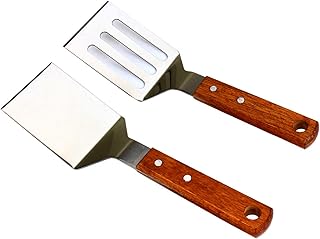 2 PCS Metal Spatula for Cast Iron Skillet, Stainless Steel Grill Spatula Slotted Spatula Turner Fish Spatula with Wood Handle, Flat Top Grill Spatula, Griddle Accessories Spatulas for Cooking BBQ