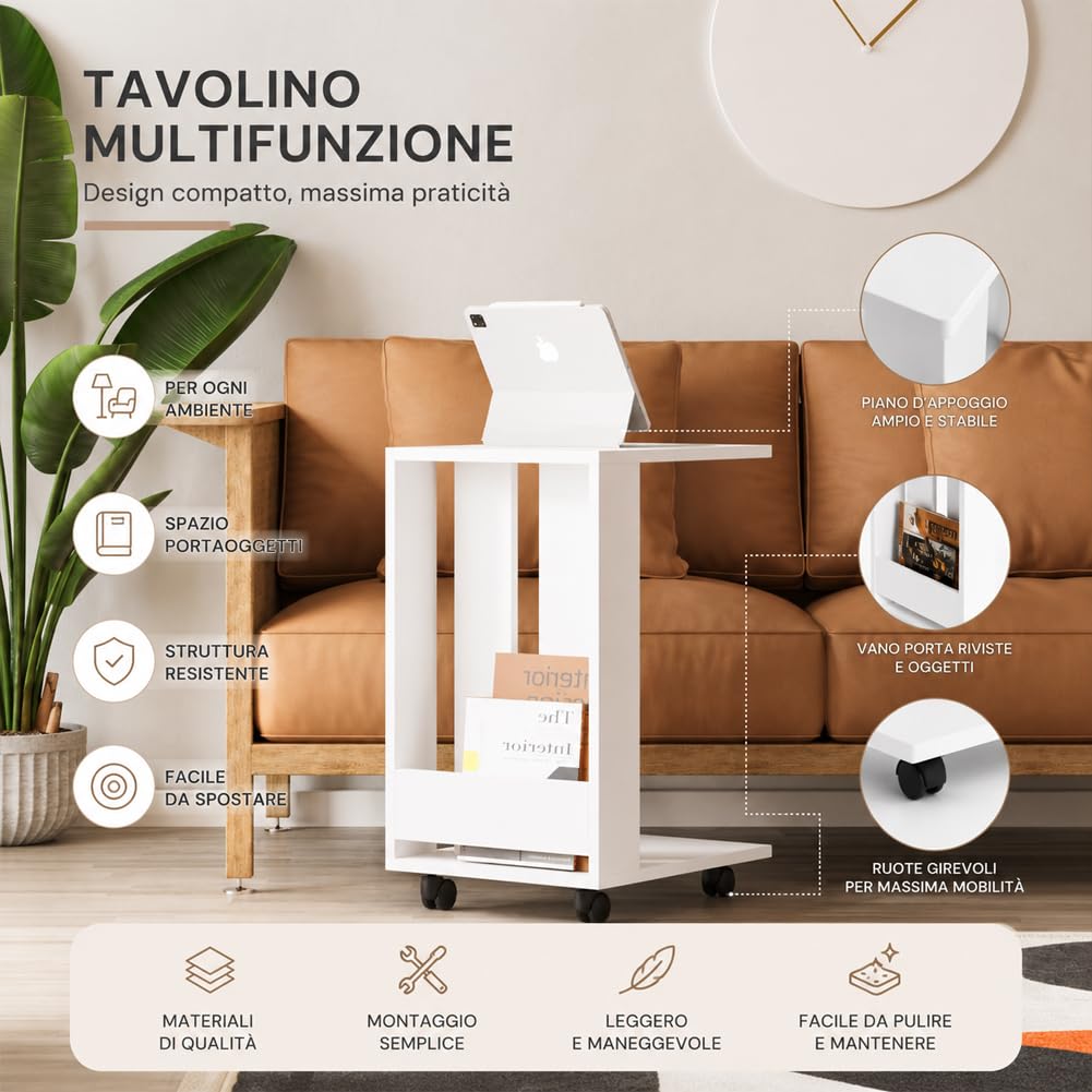 Shally Dogan Tavolino Ausiliario per Divano e Letto con Ruote, Tavolo da Caffè Mobile Design Moderno, Supporto Ideale per Arredare Casa, Ufficio, Struttura in Legno, 37.5 x 45 x 60H cm (Bianco)