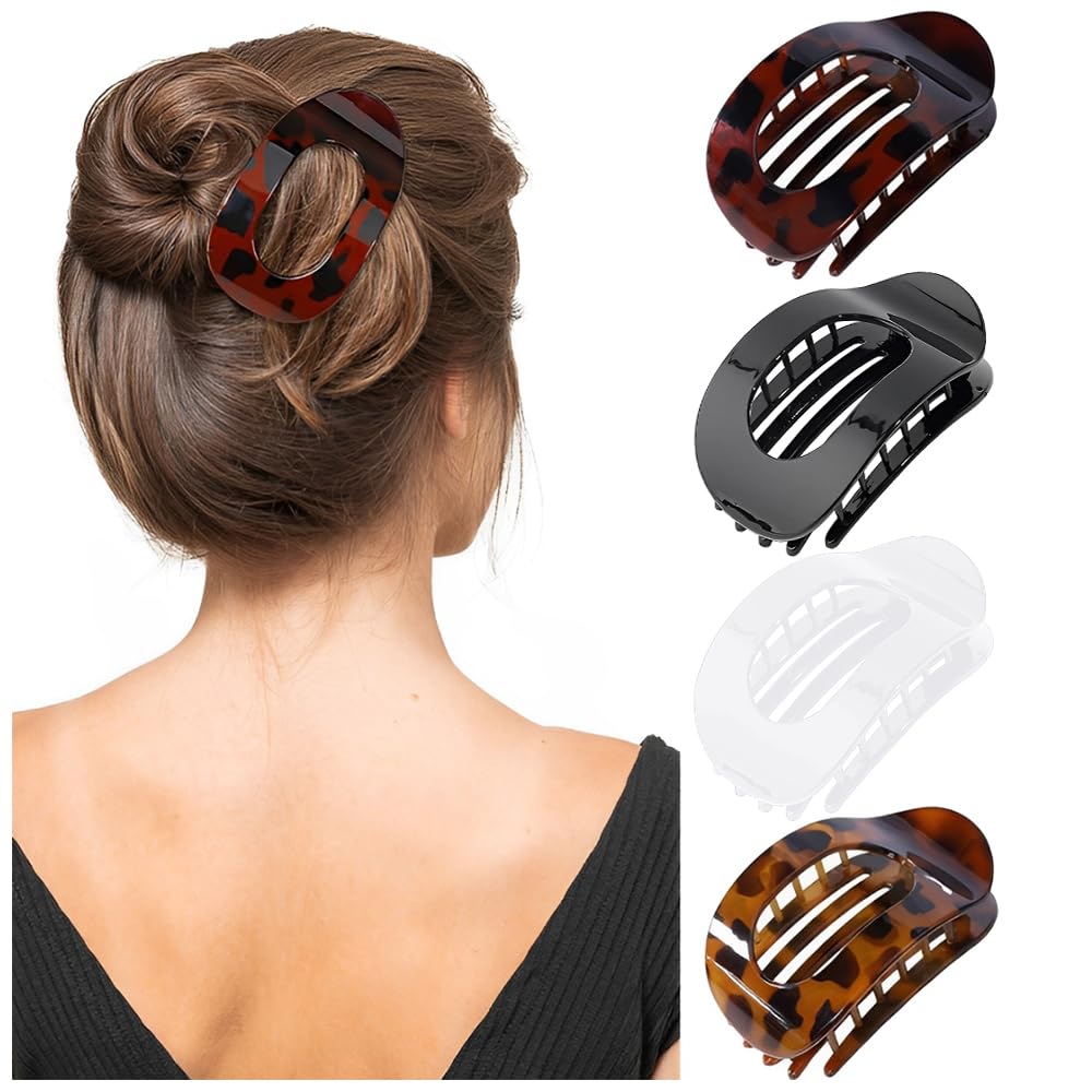 4 PCS Flat Hair Clips, Hair Claws for Women French Hair Clip, Curved Design Hair Clips for Women Girls Thick Thin Hair (Leopard)