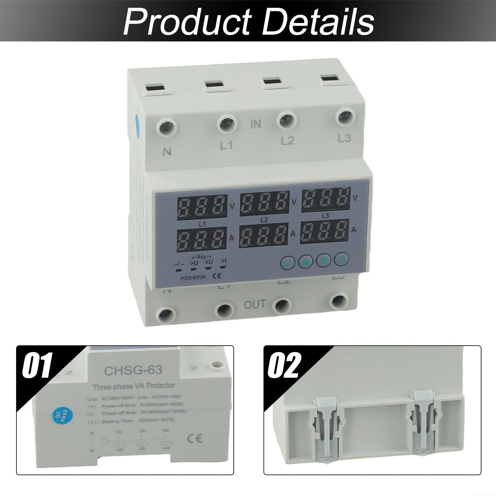 Relé digital trifásico de sobretensión y bajo voltaje con limitador de corriente, interruptor de protección ajustable para 380 V/220 V, fusible de riel DIN 63 A con pantalla LCD para industria y