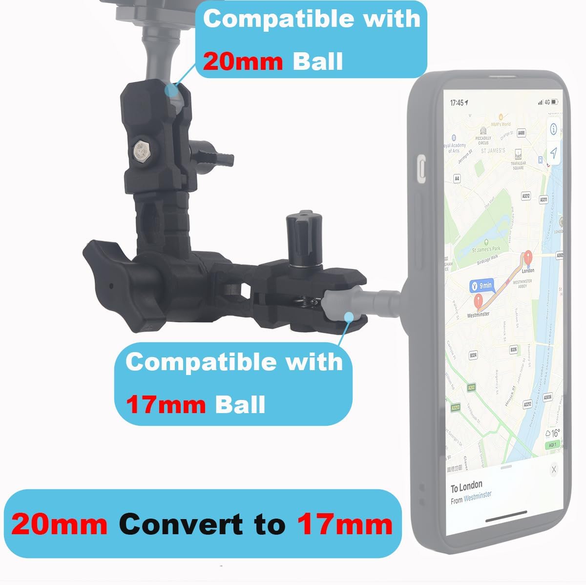 20mm to 17mm Socket Rosette Joint Arm – Aluminum Adjustable Adapter | 360° Rotation x3 | Compatible with Bulletpoint Mounting Solutions & 17mm Ball Phone Holders (6.3")