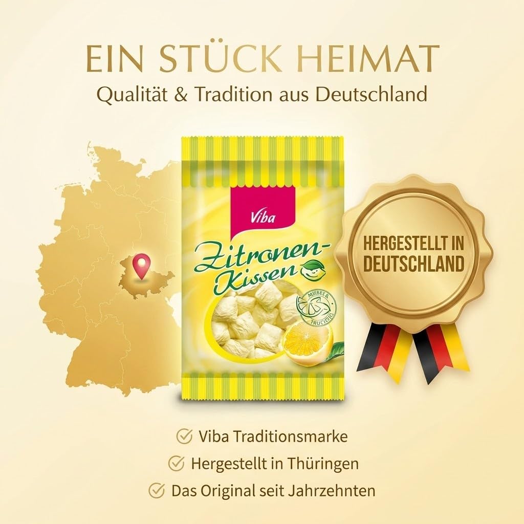 Viba Zitronenkissen Vorratspack 10x 90g (0,9 kg) — mürbe Bonbons mit leichtem Zitronengeschmack — Kultbonbon aus Thüringen — inkl. Kochbuch & Geschenkkarte
