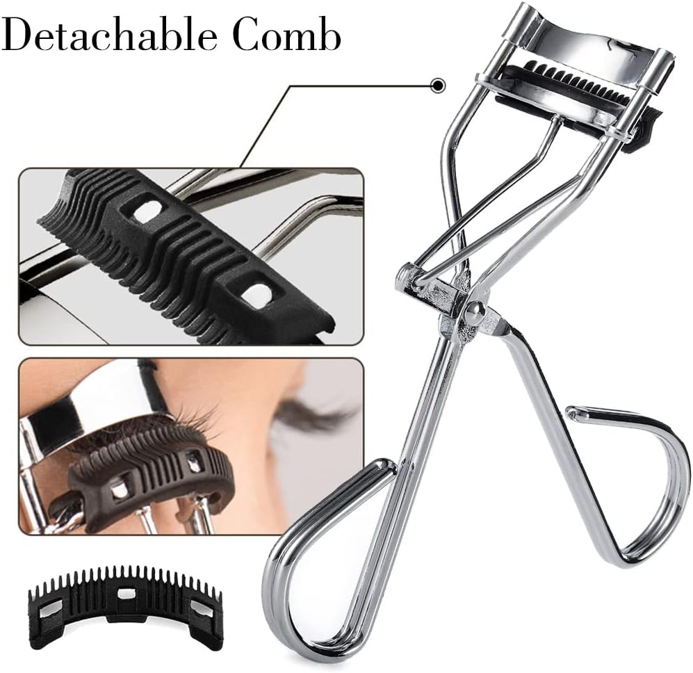 Uranian Eyelash Curlers with Built-in Comb Beauty Eyelashes Curlers Eyelash Cliper with 2 Replacement Silicone Refill Pads Premium Lash Curler Makeup Tool for Women (3 Silver-Black Comb) image 3