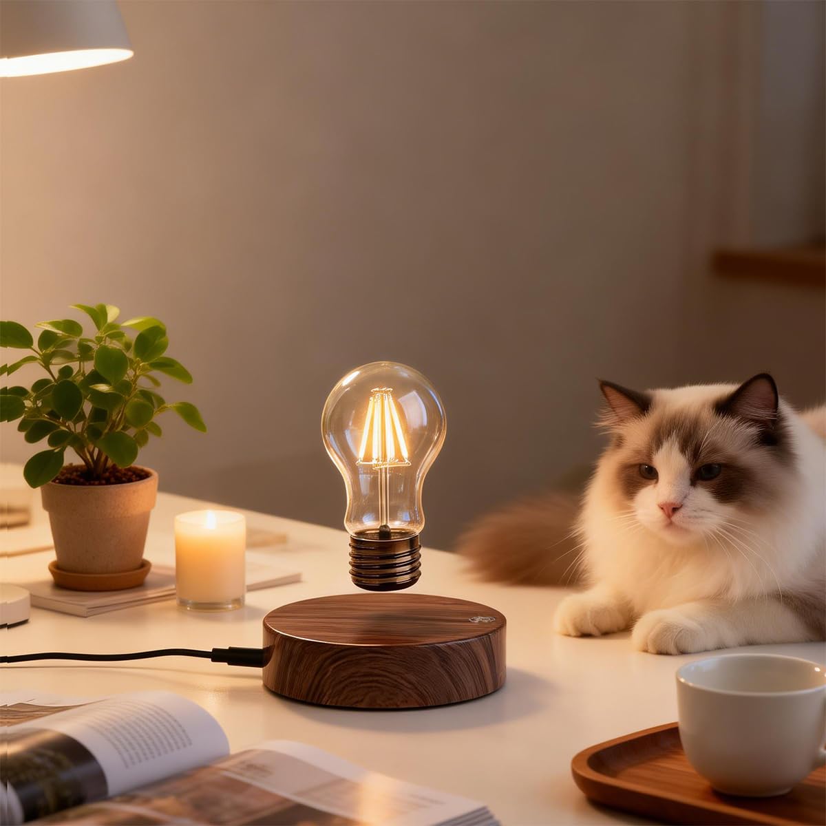 Magnetyczna lewitująca pływająca bezprzewodowa żarówka LED lampa biurkowa na wyjątkowe prezenty, wystrój pokoju, lampka nocna, dekoracja biurka do biura domowego (okrągła drewniana podstawa A)