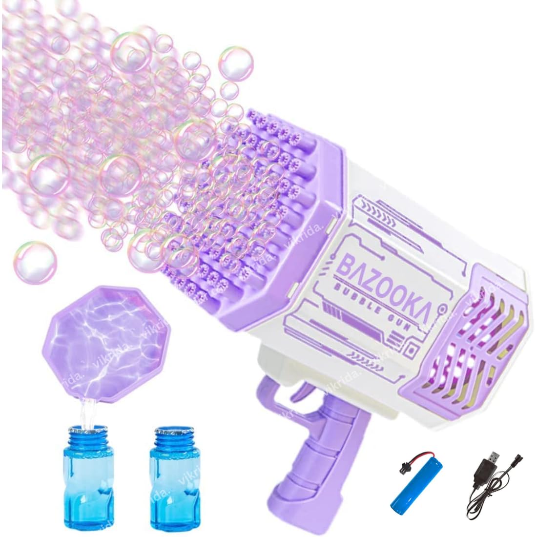VikriDA 69 Hole Automatic Bazooka Bubble Gun for Kids with Colorful Lights & Colourful Bubble - Purple