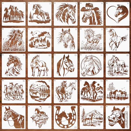 MWOOT 25 Piezas Plantilla de Caballo, Diseño en Plástico para DIY, Modelo de Dibujo Reutilizable, Plantillas para Pintar,Stencils aplicables en Tela, Pared y Lienzos Decorativos (15x15 cm)