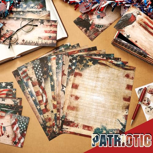 Image of TaoBary 160 Pcs Patriotic Stationery Paper and Envelopes Set 50 Double Sided Lined Stationery Paper with 50 Matching Envelopes and 60 Round Dot Sticker 8.5 x 11'' Letter Writing Kit, 10design