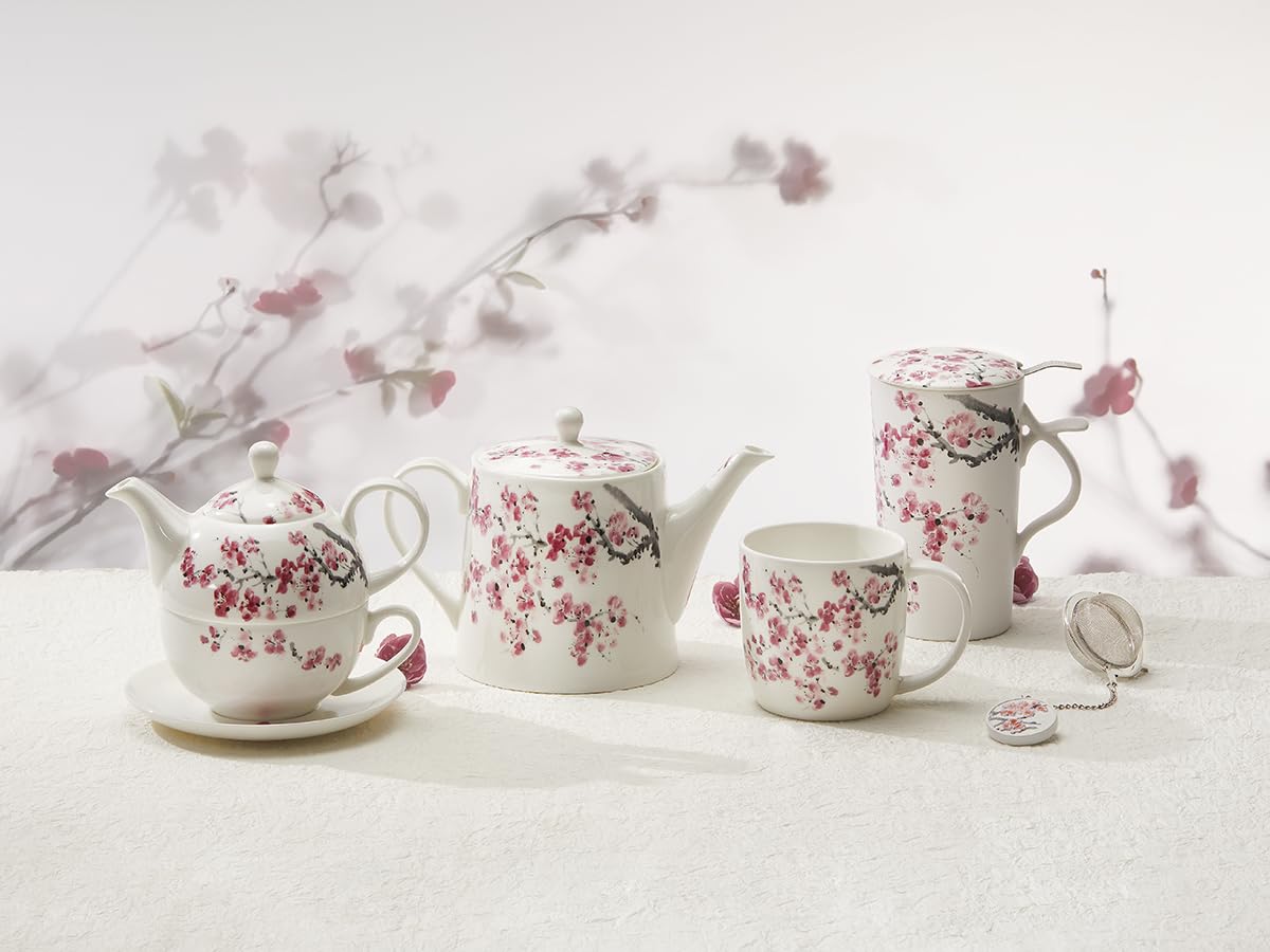 Teemando teamug „Sakura" New Bone China-Kräuterteetasse, matt mit Edelstahlsieb, 0,4 l H 15 cm, Ø 8,8 cm