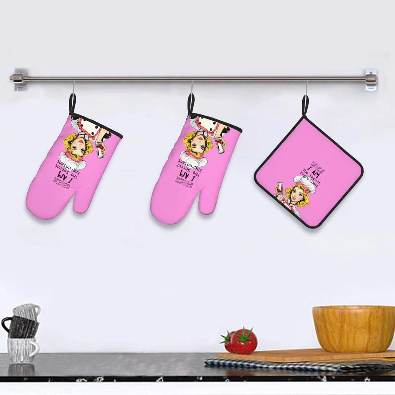 Funny Oven Mitts and Pot Holders Sets, Cute Kitchen Oven Mitts Heat Resistant Set of 3, Pink Kitchen Gloves Hot Pads, Funny Baker Gifts for Baking Lovers Women