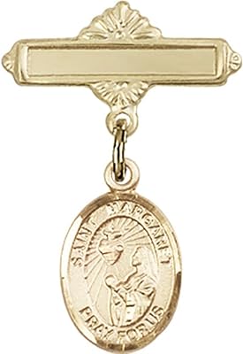 14kt Yellow Gold Baby Badge with St. Margaret Mary Alacoque Charm and Polished Badge Pin 1 X 5/8 inches