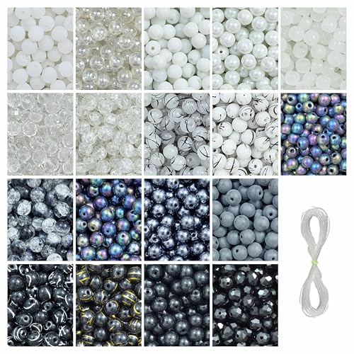 Image of 540 Pcs Black & White Glass Beads for Jewellery Making Kit - Glass Beads for Bracelet Making Kit - Bead Craft - 8mm