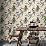 YENHOME Carta da Parati Autoadesiva Beige Rami Pavone per Camera da Letto 44.5x300cm Carta da Parati Adesiva Muro Beige Modello Vintage per Soggiorno Bagno Pellicola Adesiva Mobili Armadio