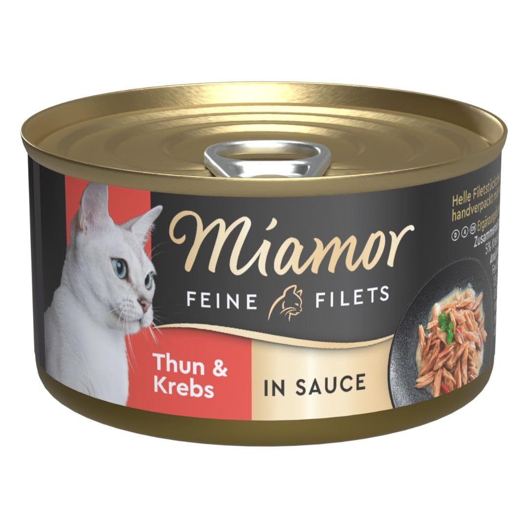 Miamor - Drobne filety w sosie | mokra karma dla dorosłych kotów z kawałkami filetu w sosie. Niskotłuszczowa karma uzupełniająca w puszce bez sztucznych dodatków | 24 x 85 g tuńczyka i raka