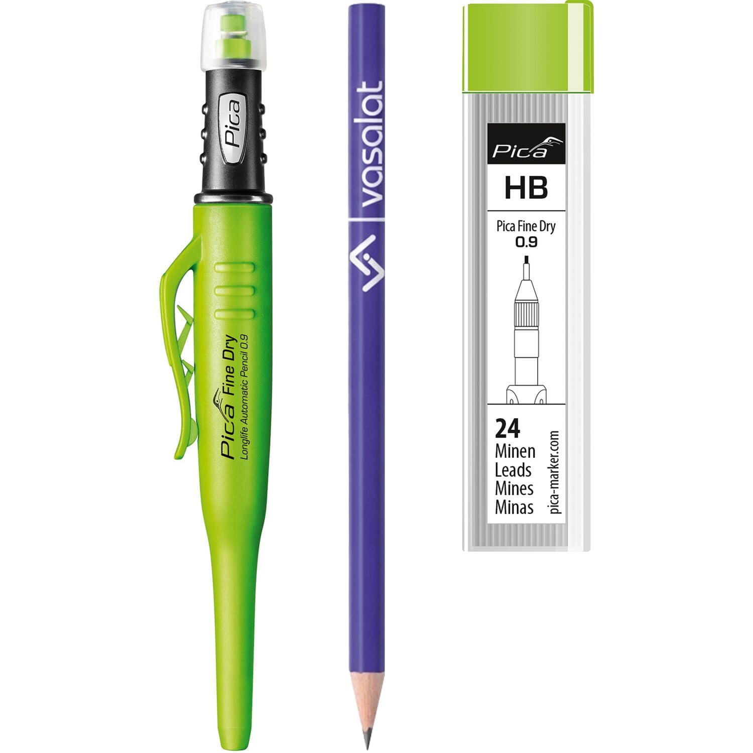 vasalat Pica Fine-Dry Deep Hole Marker 0.9 mm, Pencil Drill Hole Marker 7070 + 24 Replacement Graphite Leads HB 7030