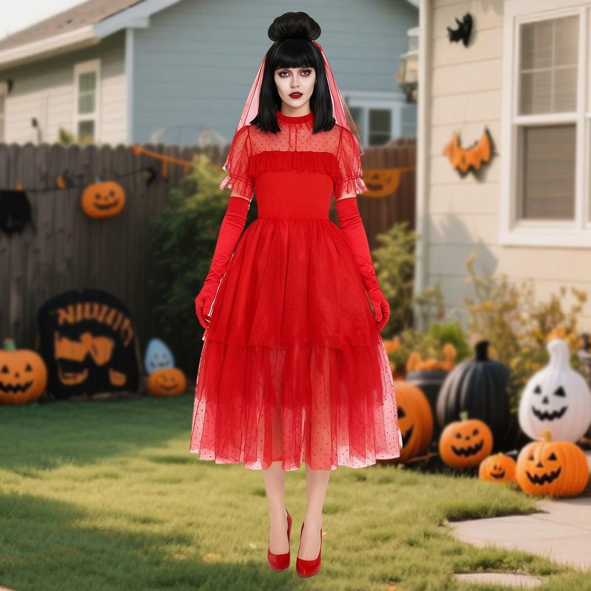 Womens Gothic Wedding Dress Adult Halloween Costumes Red Wedding Dress Bride Costume Cosplay Outfit with Headpiece