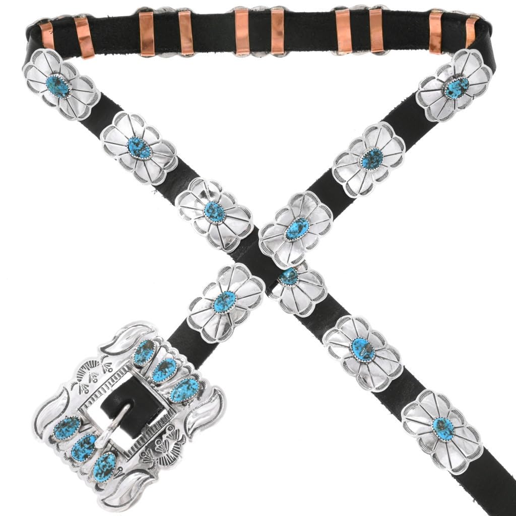 Navajo Kingman Turquoise Hammered Sterling Silver Concho Belt on Genuine Leather 3117