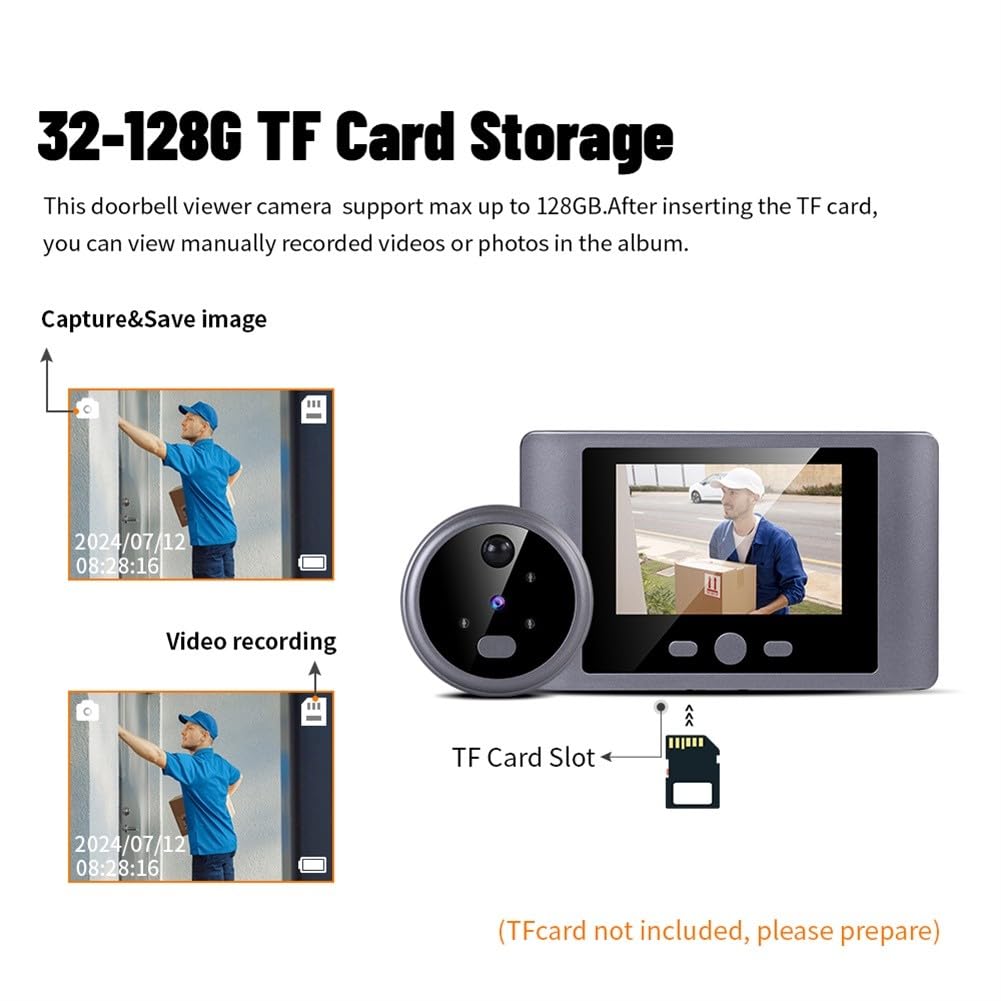 Telecamera intelligente wireless per campanello con schermo HD da 2,8", rilevamento del movimento PIR, visione notturna e ricaricabile tramite USB, 2000 mAh, per serratura spioncino