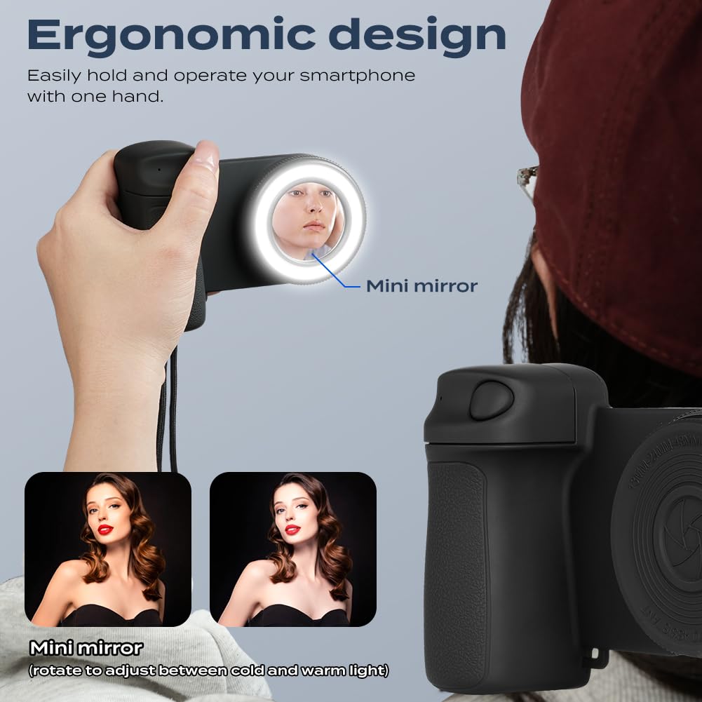 HOTUT Handgirp magnétique pour téléphone portable avec télécommande Bluetooth, appareil photo pour téléphone portable, appareil photo, selfie, trépied avec lumière et miroir, pour iPhone et