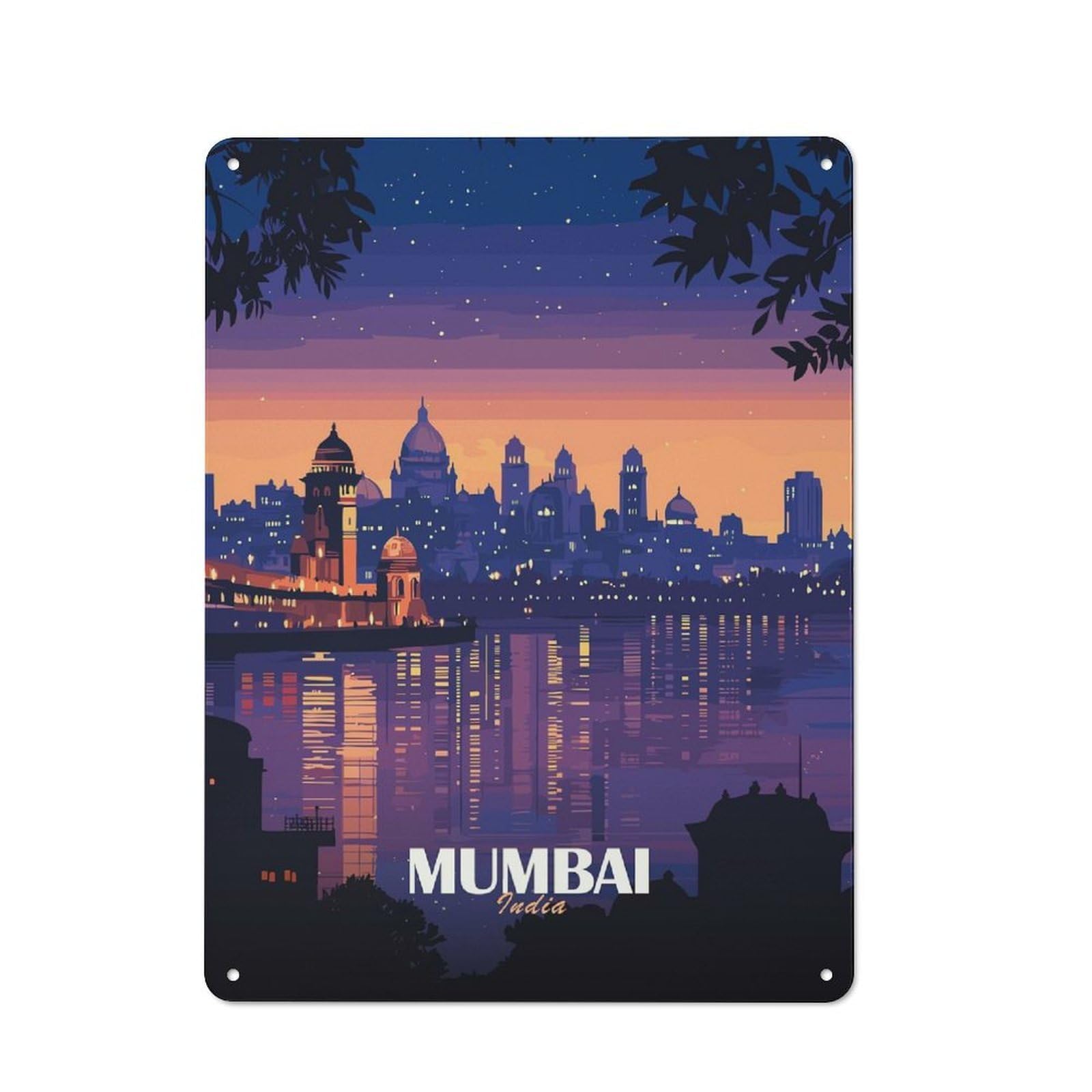 Junmoney Mumbai India Skyline At Dusk Metal Sign 40X30cm With For Garage Wall, Vintage Decor, Winter Wall Decor For People Furnishing A Garage