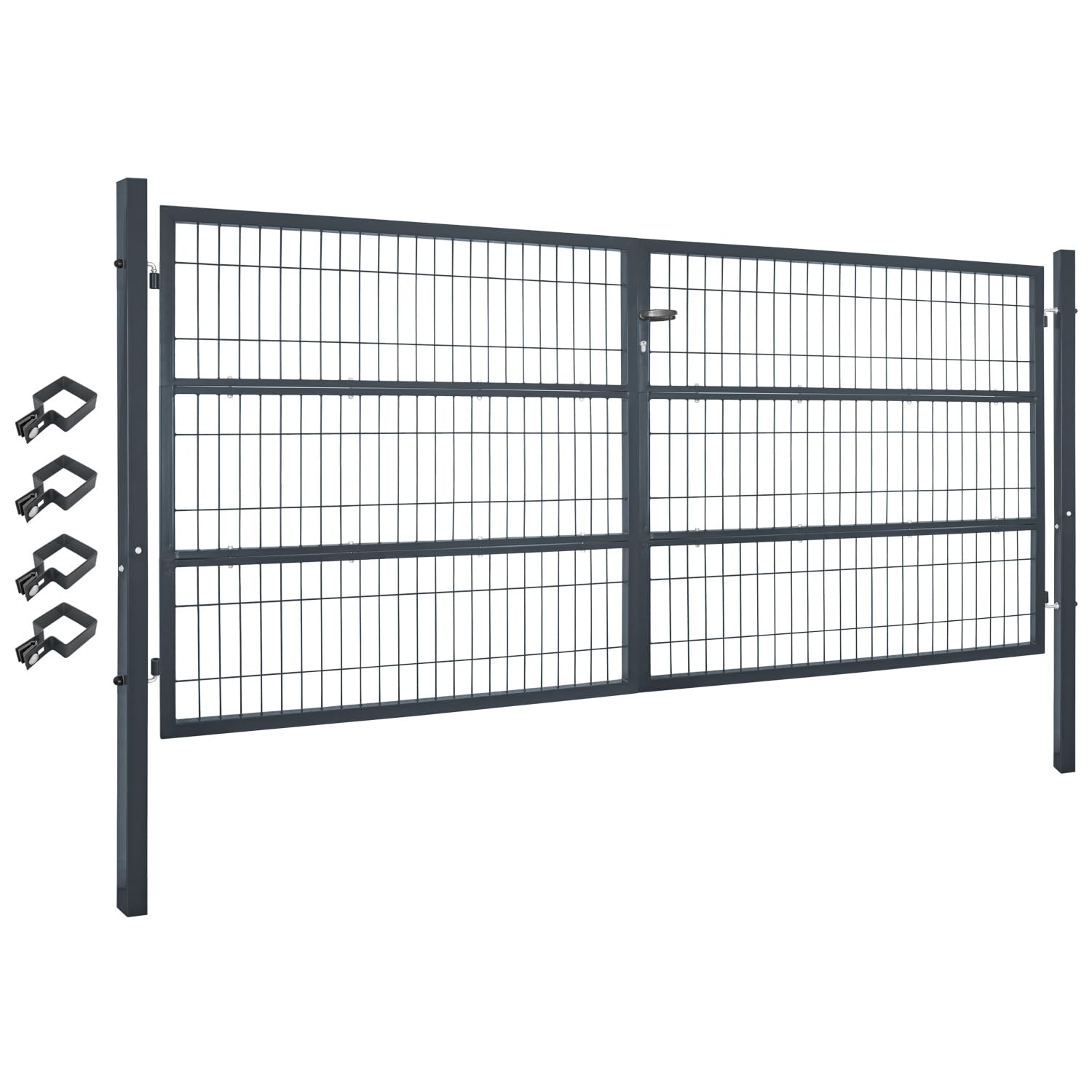 Cancello da Giardino, 300 x 140 cm, Doppia Anta in Metallo, per Asta di Recinzione, con Pali Inclusi, Colore: Grigio