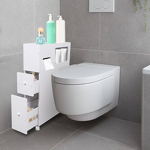 Miniatura 2 de Estantes esquineros blancos de 4 niveles, gabinete de almacenamiento de baño delgado y estrecho con cajones, organizador de espacio pequeño para