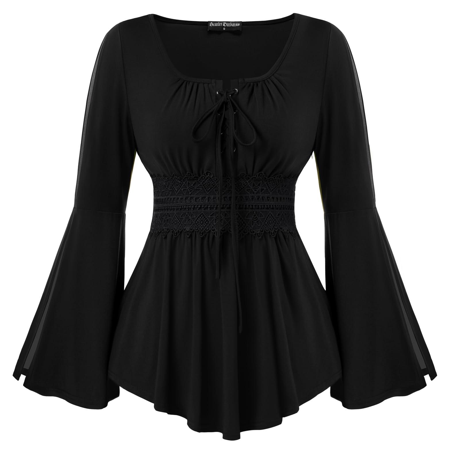 SCARLET DARKNESS Renaissance Trachtenbluse Damen Spitze Gesmockt U-Ausschnitt Tunika mit Bändern