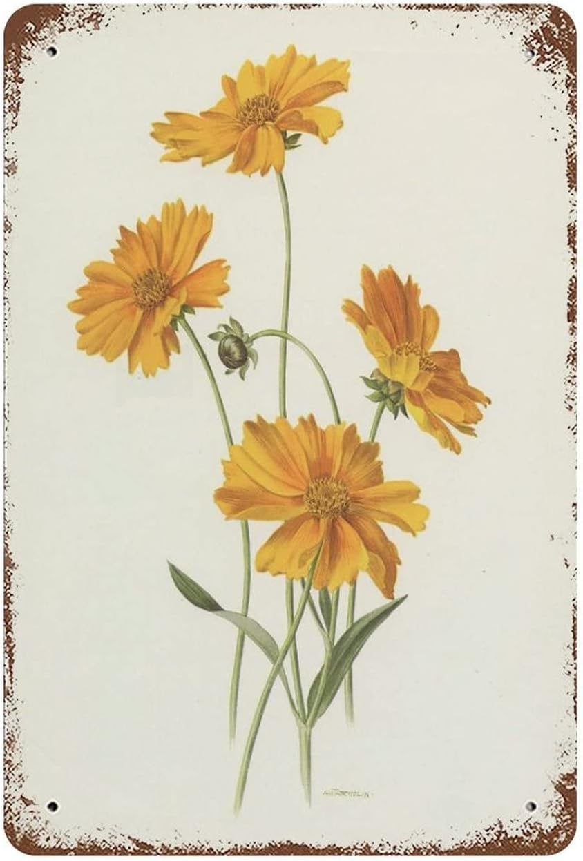 rayprint Small Yellow Coreopsis Vintage Metal Sign Botanical Gardener Gift Home Decor Funny Tin Signs Novelty Kitchen Bar Club Garage Garden Farm Wall Art 8x12inch