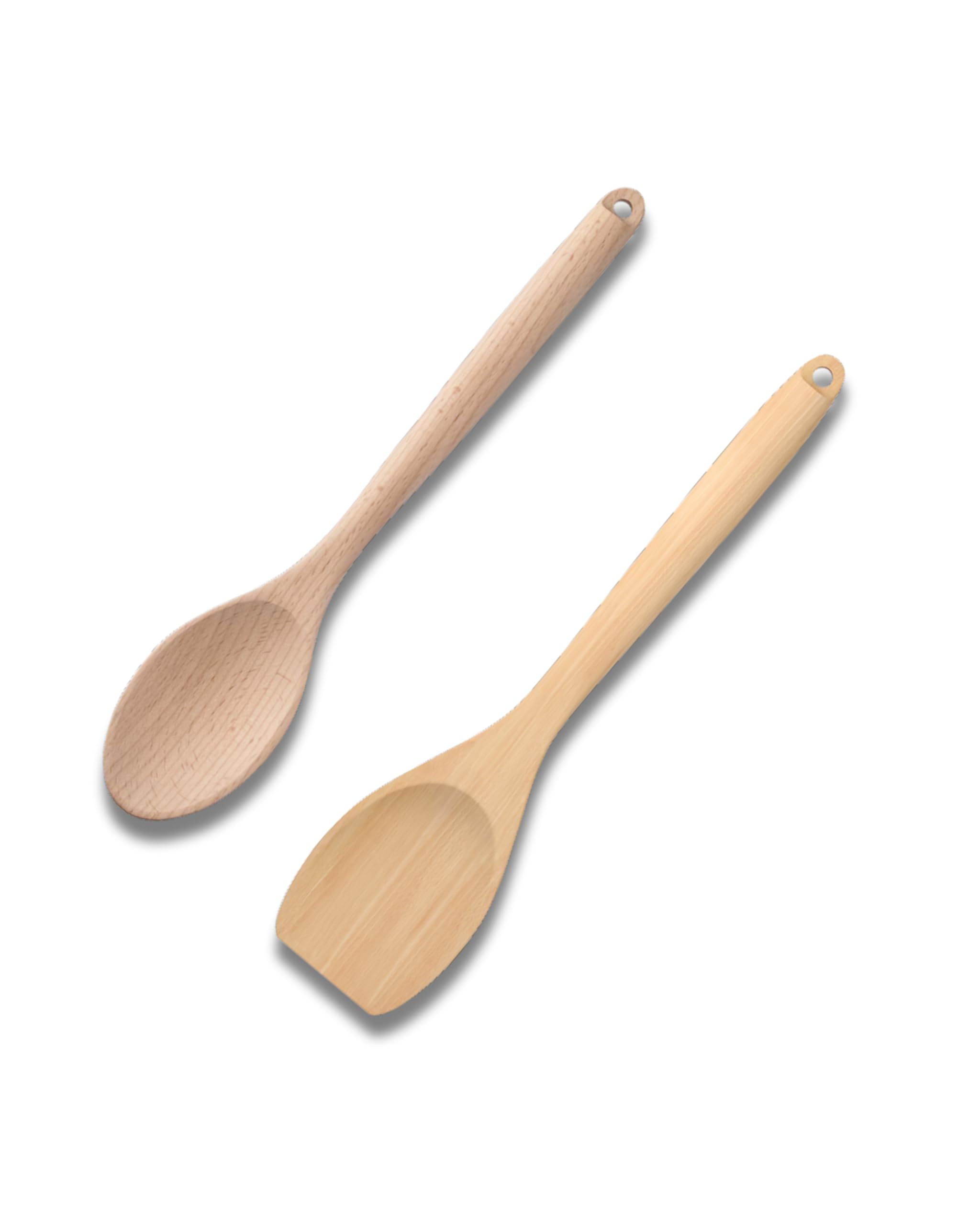 Wooden Cooking Spoon Set of 2, Beech Wood Kitchen Utensils for Cooking, Stirring and Mixing, Natural Wood