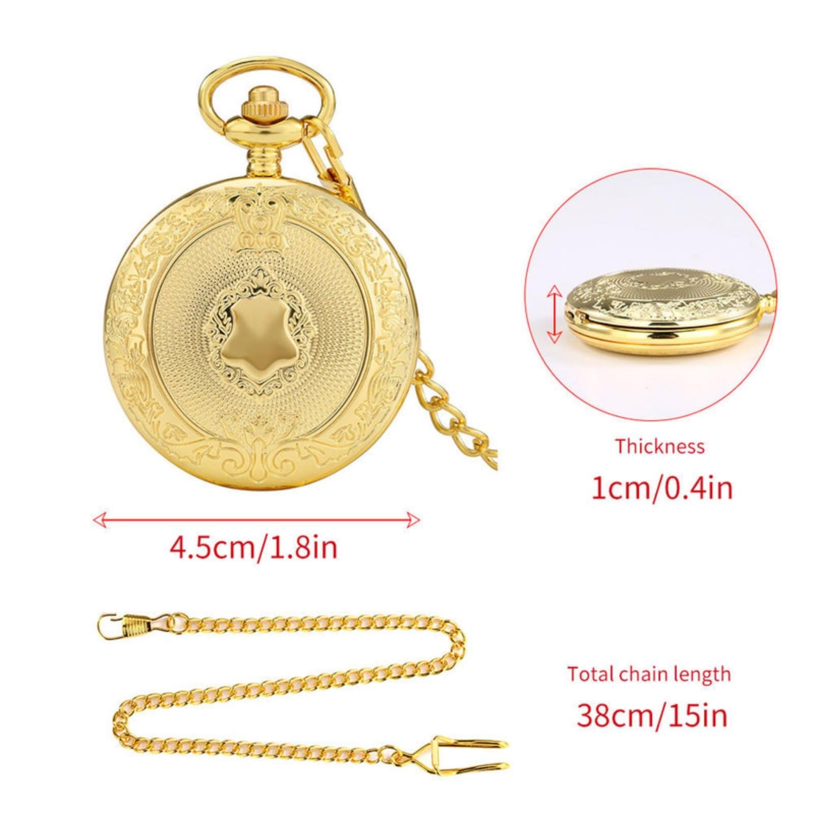Orologi da Tasca, Orologio da Tasca al Quarzo con Scudo, Orologio Uomo, Numeri Romani, Catena, Regalo(Golden)