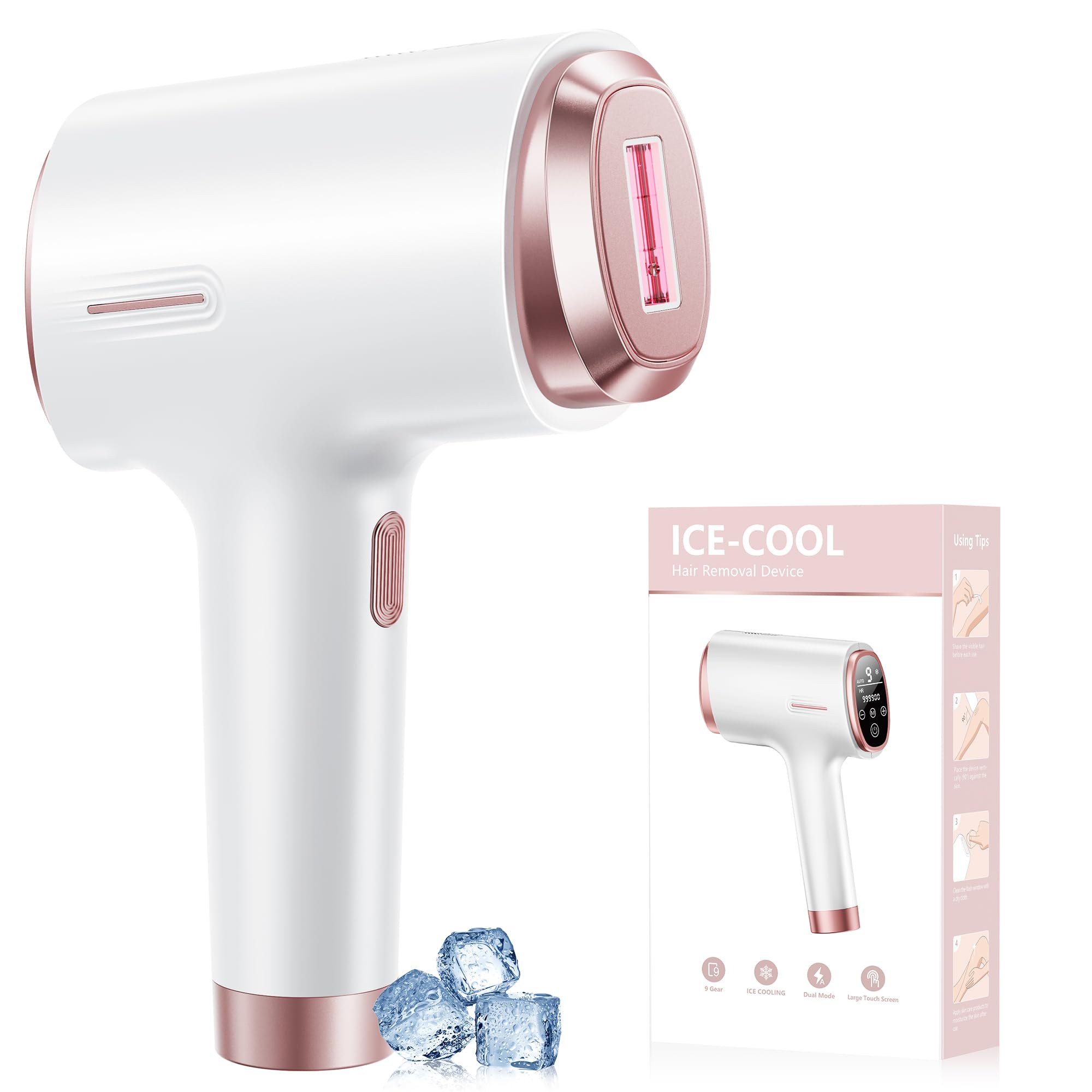 3 en 1 Depiladora Laser con Enfriamiento por Hielo, 21 J Depiladora Luz Pulsada con 600NM-1200NM Rojo, 9 Niveles de Energía, 999,900 Flash para Bikini, Axilas, Cara, Cuerpo
