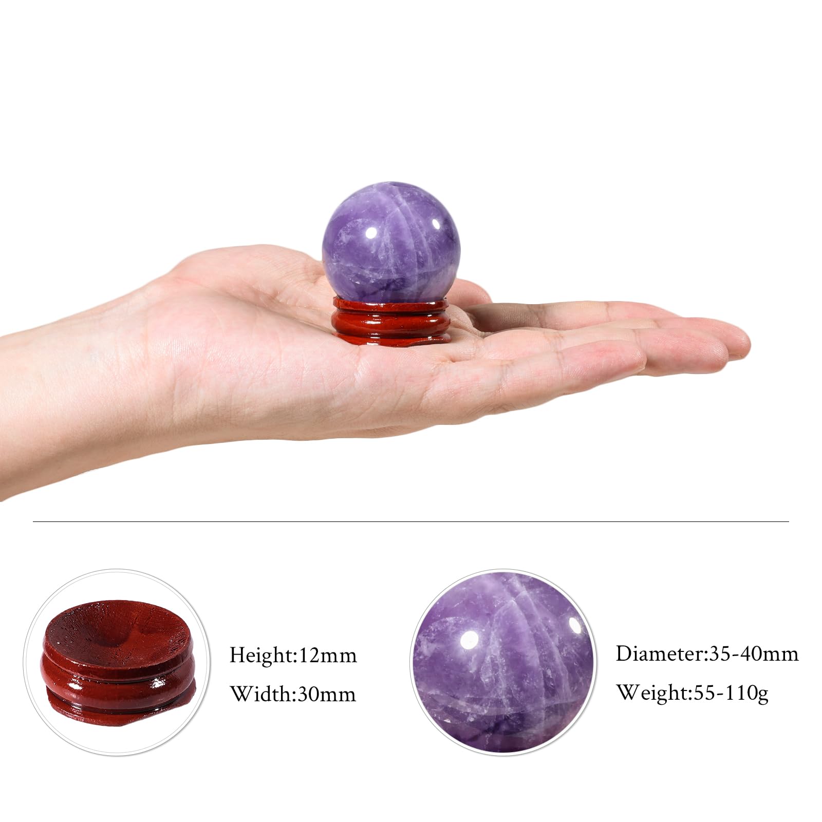 Nupuyai Natural Amethyst Crystal Ball with Wooden Stand, Scrying Meditation Feng Shui Crystal Stone Sphere Sculpture Home Office Decor, 35-40mm - Image 3