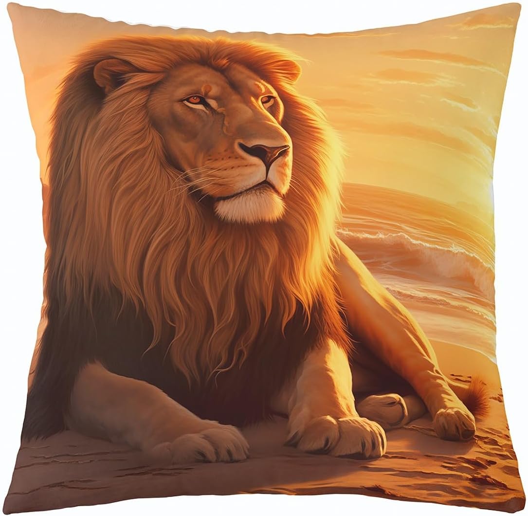 Feelyou 3D Lion Pillow Covers for Home Sofa Bed Couch Wild Lion Animal King Throw Pillow Covers for Kids Boys Girls Hunting Animal Cushion Covers Soft Pillowcases, 24x24 Inches Set of 1