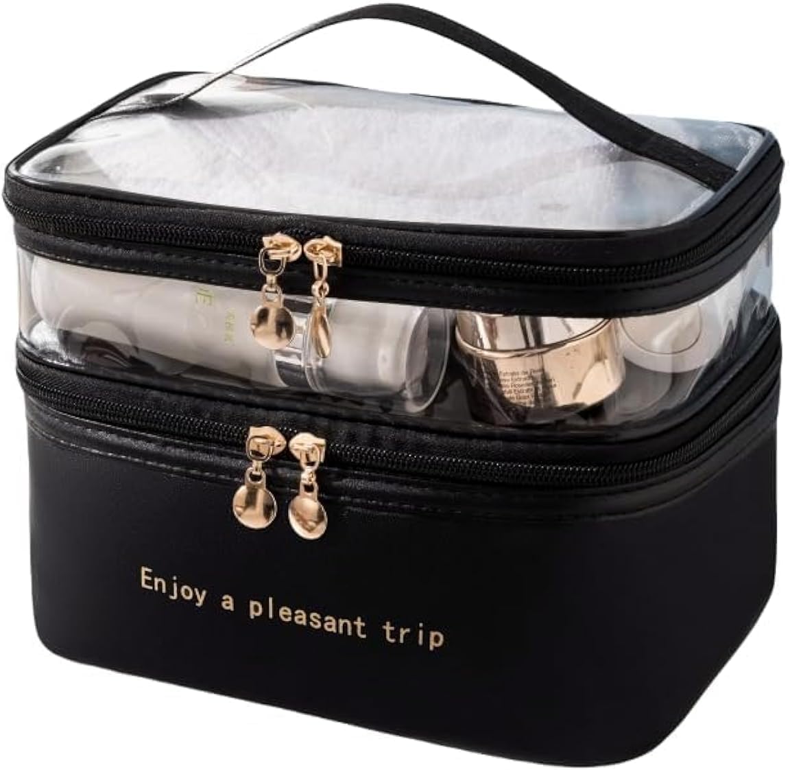 Wander AgioWomens Travel Toiletry Kit Bags Vacation Cosmetic Organizer Makeup Bag For Women Two-layer Black 03