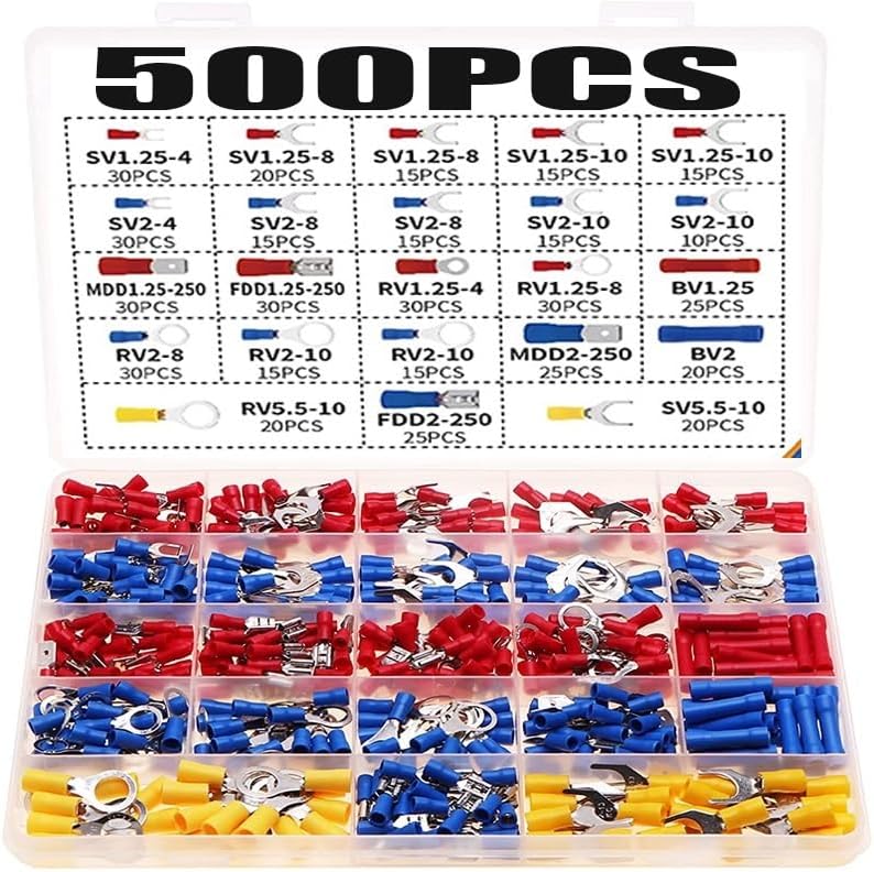 500pcs Spade Crimp Terminal Assorted Electrical Wire Cable Connector Insulated Ring Fork Butt Ring Lugs Rolled Set VUQLDHAYZ