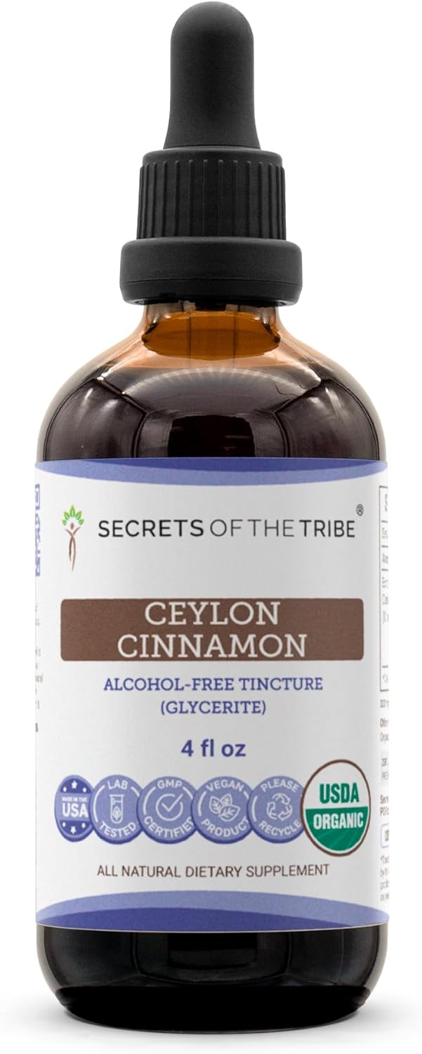 Secrets of the Tribe Ceylon Cinnamon USDA Organic | Alcohol-Free Extract, High-Potency Herbal Drops | Made from 100% Certified Organic Ceylon Cinnamon (Cinnamomum verum) Dried Bark (4 oz)