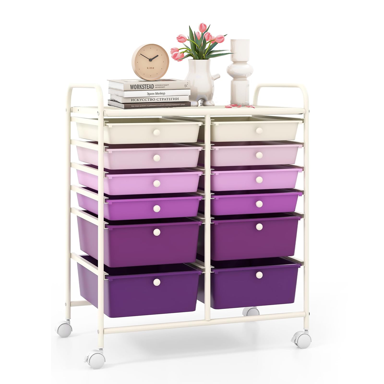 LDAILY 12 Drawer Rolling Storage Cart, Craft Cart Organizer on Wheels with Metal Frame, Large Capacity & Smooth Drawers for Living Room, Classroom,