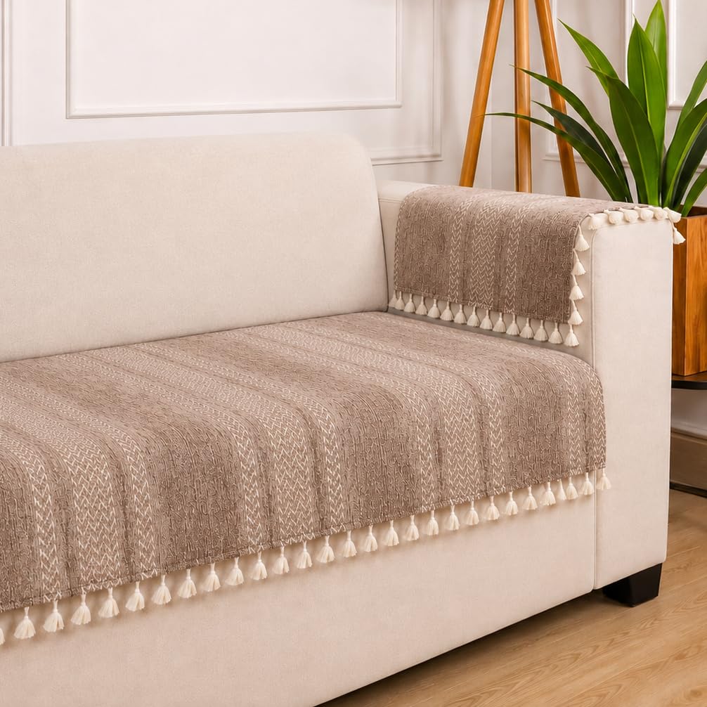 STITCHNEST Chenille Printed Sofa Cover 3 Seater with 2 Hand Rest Covers – Washable Beige Sofa Cover with Tassels – Durable Premium Fabric – Stylish Sofa Protector for Living Room & Furniture Decor
