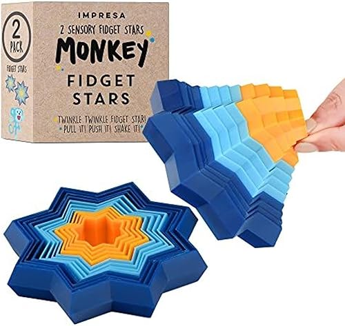 Impresa Paquete de 2 juguetes sensoriales originales de mono, estrella para niños, para ayudar a calmar y concentrarse, juguete de estrella 3D para