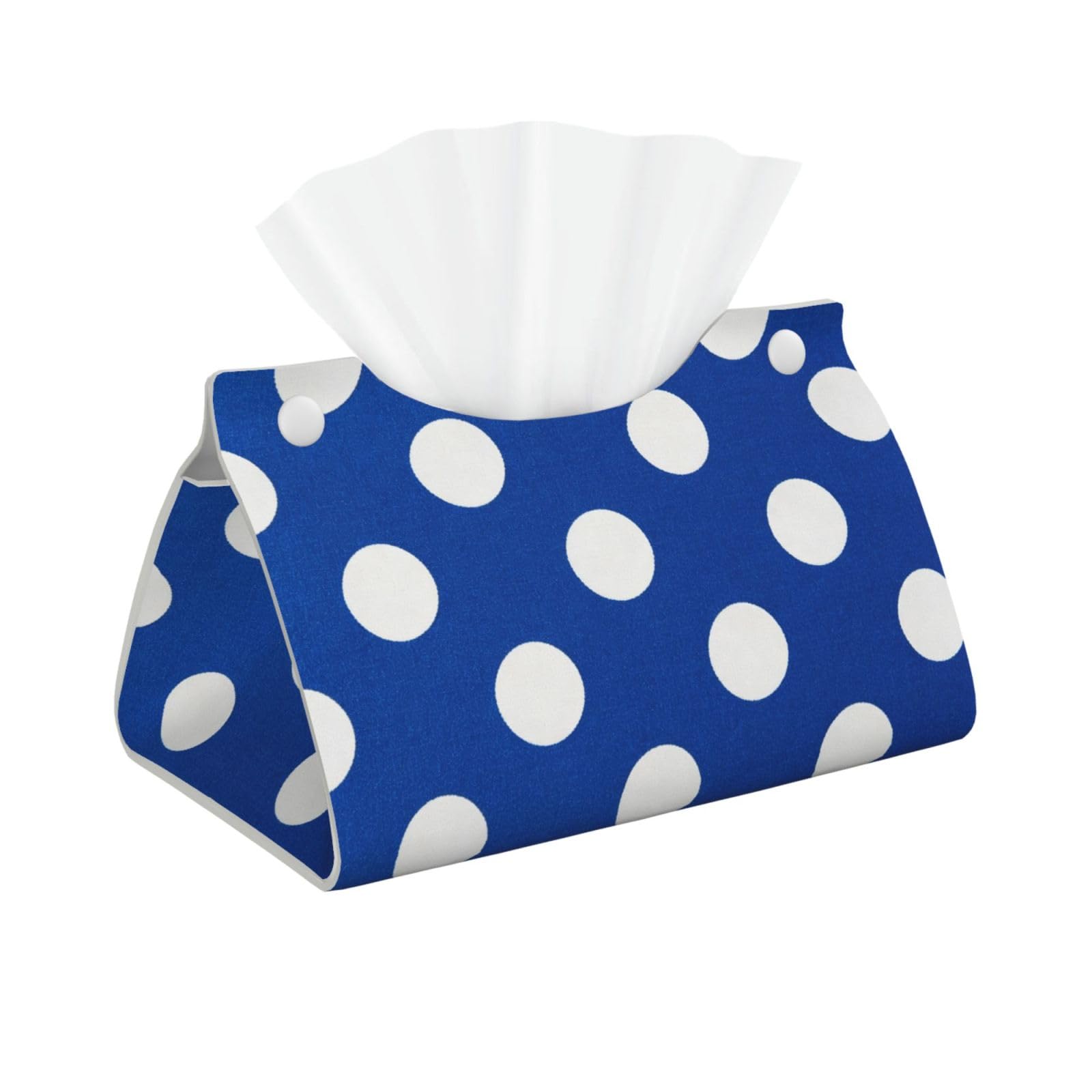 Navy White Dot Long Leather Tissue Box Cover-Waterproof PU Leather Tissue Holder for Bathroom, Decorative Rectangular Tissue Case