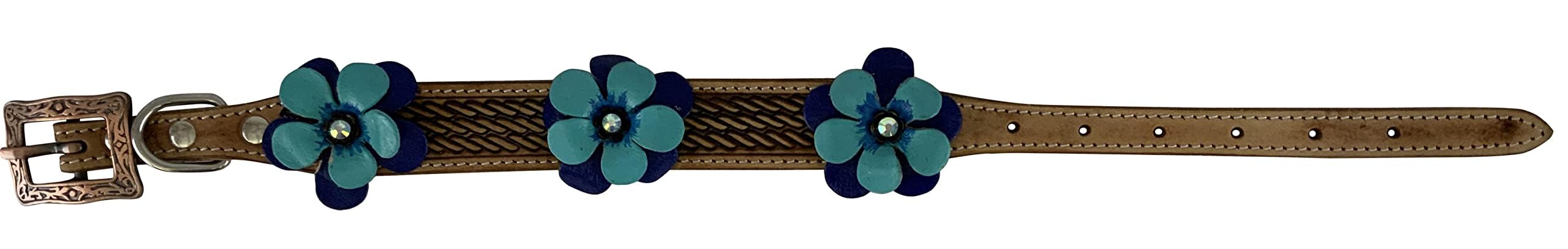 Showman Couture Leather Dog Collar w/ 3D Blue Flower Accent (Small(9 1/2"-13"))