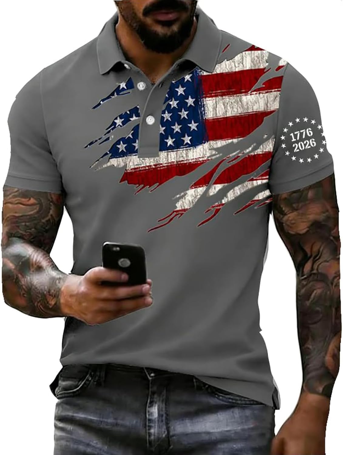 WENKOMG1 Men's America Anniversary Polo Shirt Short Sleeve USA Flag Print Athletic Workout Active Golf Shirt, M-3XL