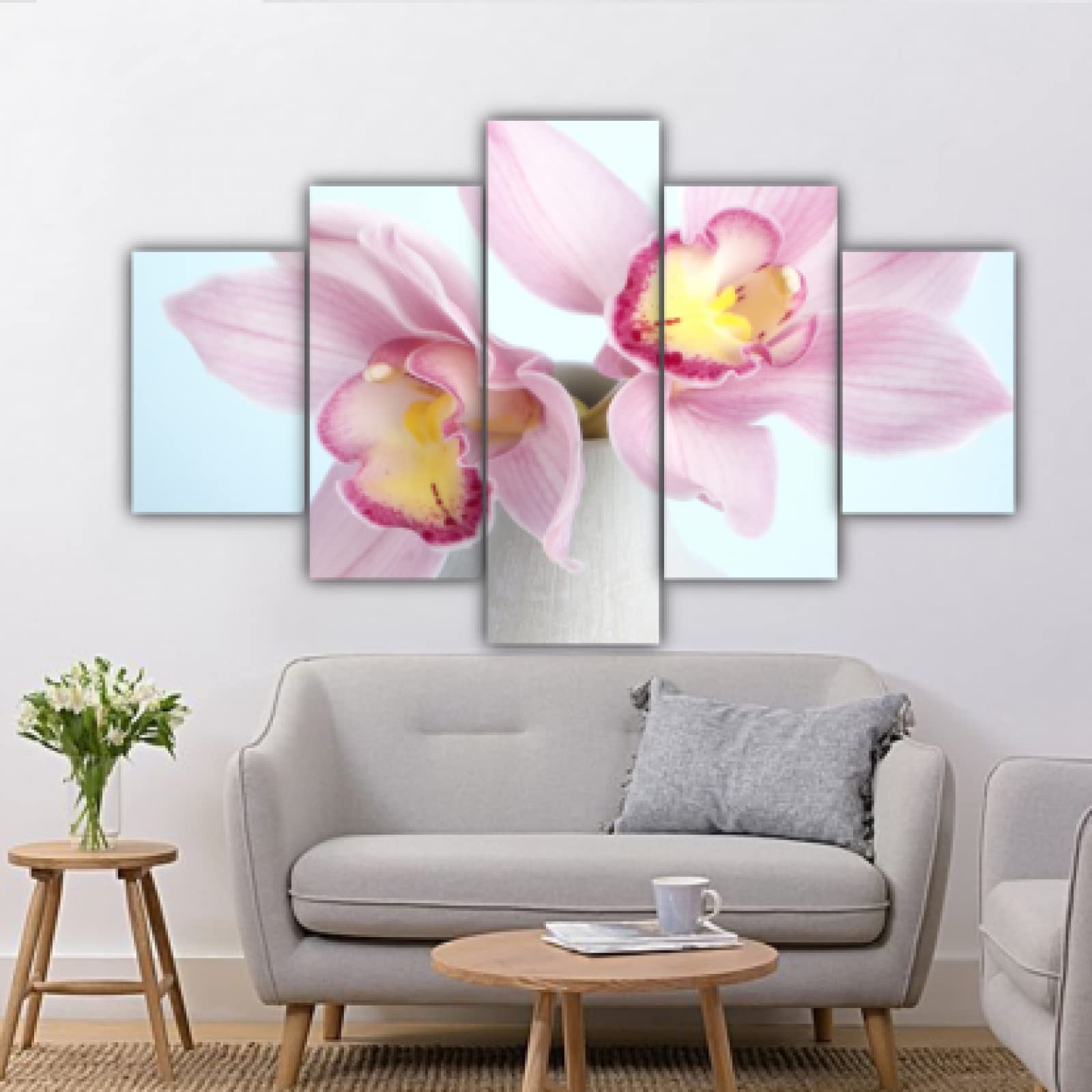 MENGHAN Painting Print Canvas 5 Panel Wall Art Canvas Large Framed Pink Orchid Living Room Bedroom Kitchen Contemporary Artwork Home Decoration