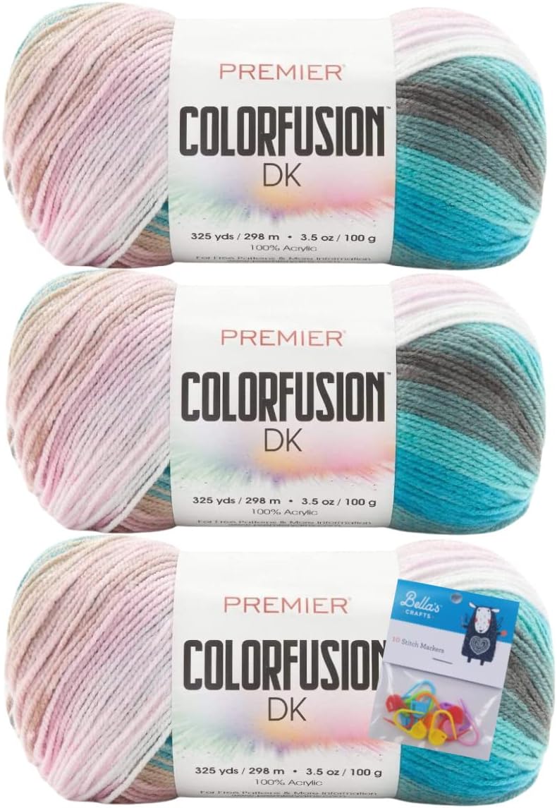 Premier Yarn Colorfusion DK - 3.5 Oz - #3 Light Weight - 3-Pack Bundle with Bella's Crafts Stitch Markers (Salt Water Taffy)