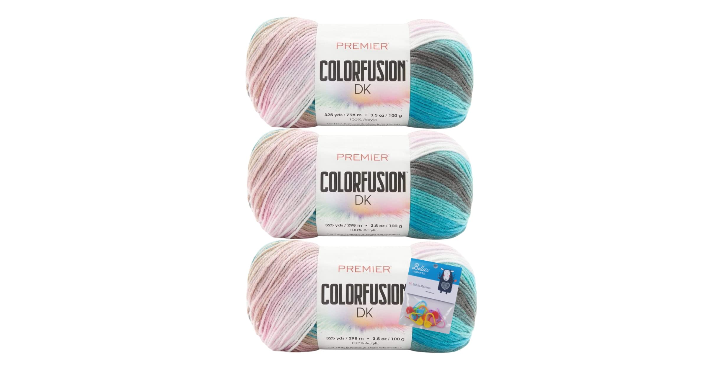 Premier Yarn Colorfusion DK - 3.5 Oz - #3 Light Weight - 3-Pack Bundle with Bella's Crafts Stitch Markers (Salt Water Taffy)