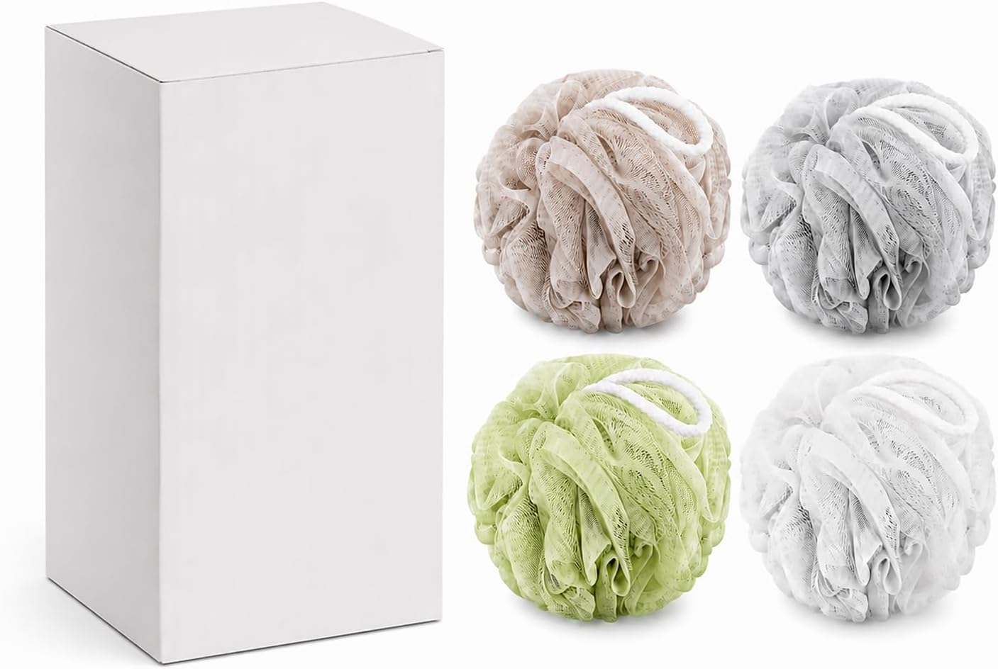 Loofah Sponge 4 Pack, 60g Shower Loofahs, Soft Mesh Bath Pouf Body Scrubber for Body Wash, Exfoliating Shower Puff with Hanging Loop for Men and Women, Plain Color
