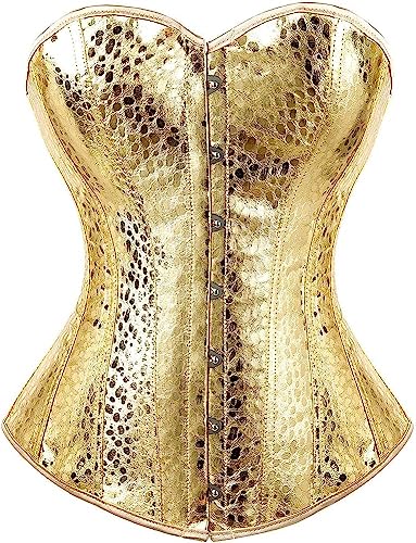 KSHUN Womens Faux Leather Corset Top Steampunk Corsets Zipper Bustier Pirate Costume Gold Small