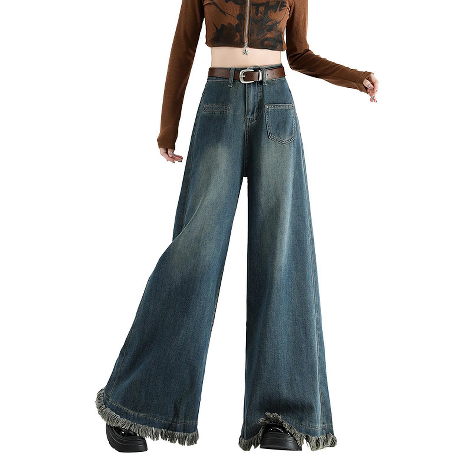 Jeans a Gamba Larga per Donna, Vita Alta, Larghi, alla Moda, Pantaloni a Gamba Larga Gonna - Bordo a Gamba Larga - M