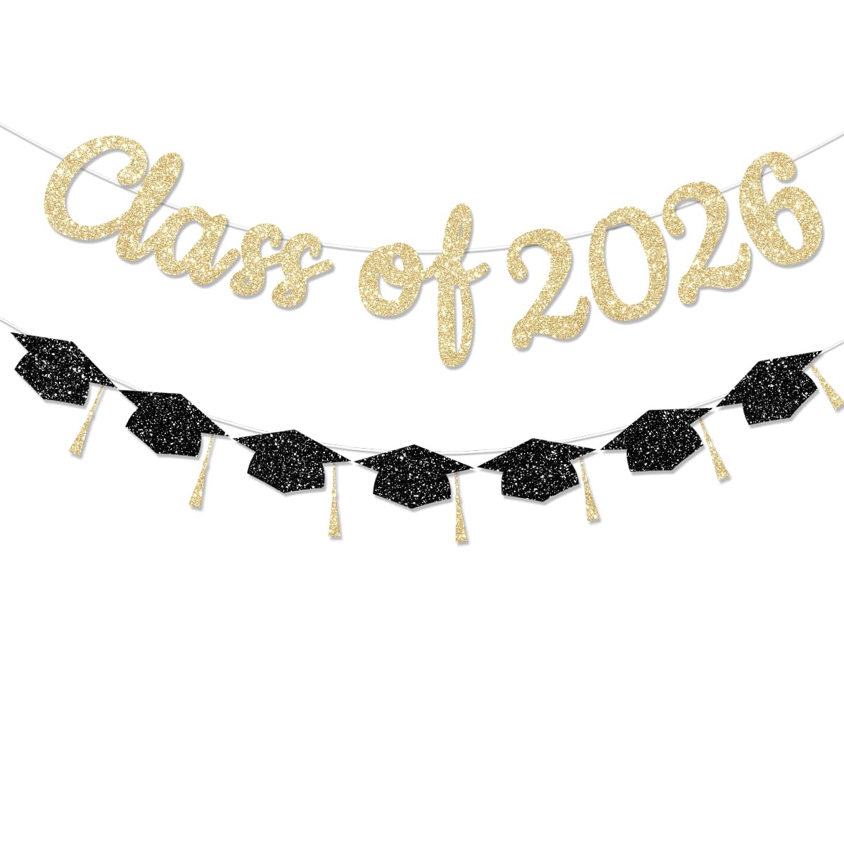 FHGG Pre Strung Class of 2026 Banners Party Decorations Gold Glitter Graduation Congratulation Banners Congrats Grad Decor Garland Senior High School