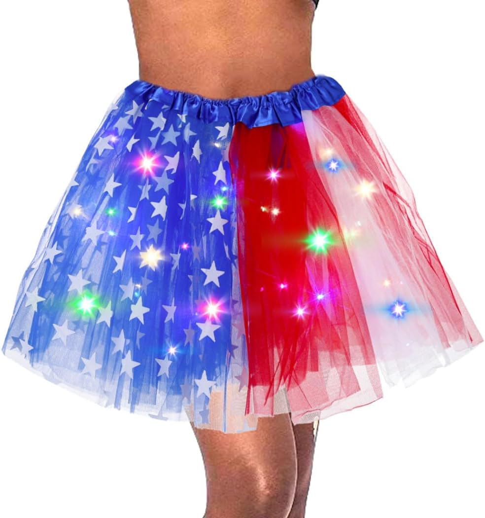 Light Up 4th of July Tutu Skirt Sparkly Independence Day Tutu Skirts Layered Tulle Dance Skirt for Women and Girls
