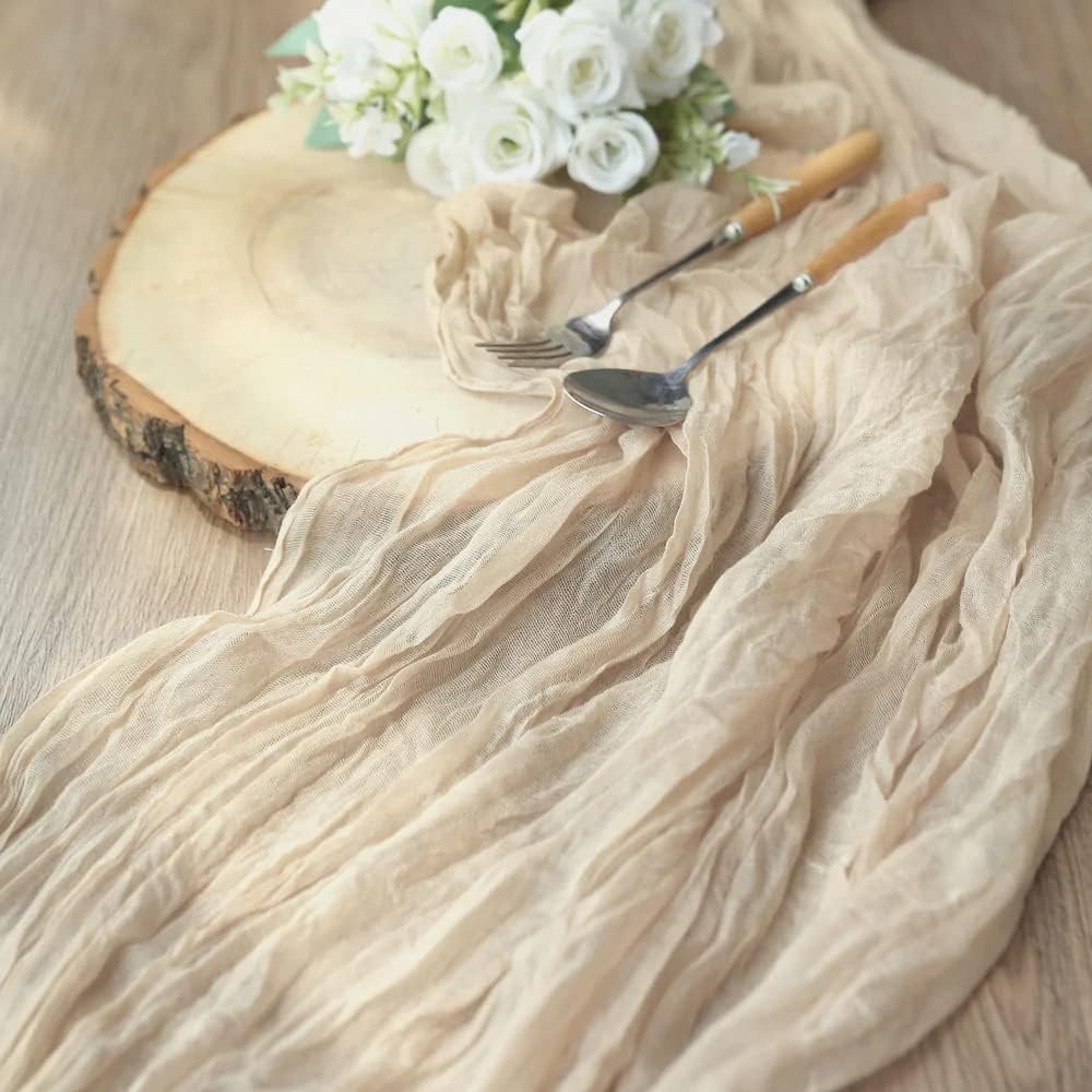 12 Pack Beige Cheesecloth Table Runner 10ft Boho Gauze Cheese Cloth Table Runner Rustic Sheer Runner 120 inch Long for Christmas Wedding Bridal Baby Shower Birthday Table Decorations